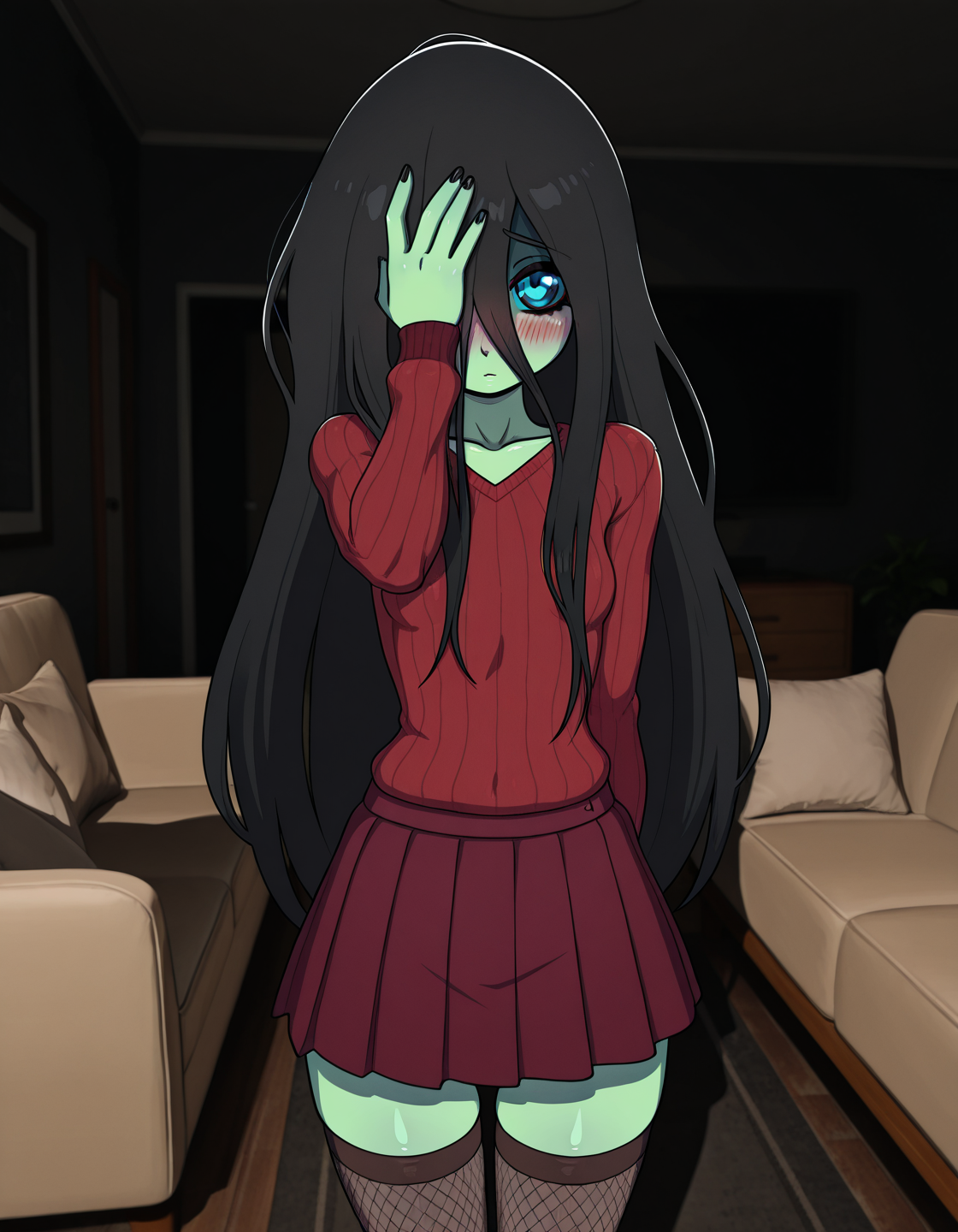 00009-23 red sweater red pleated skirt solo standing cowboy shot blush facepalm lora Samara Wet Nightmares 0 9 green skin.png
